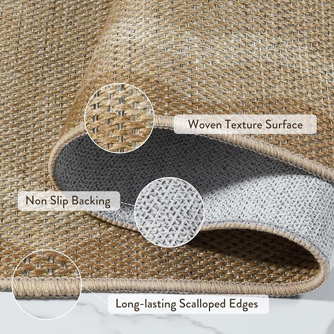 LIVEBOX Scalloped Washable 3x5 Outdoor Rug, Easy Jute Geometric Tan Rug for Entryway, Indoor Non Slip Patio Rugs Farmhouse Carpet Area Rug for Bedroom Living Room Kitchen Bathroom Front Door Mat Porch