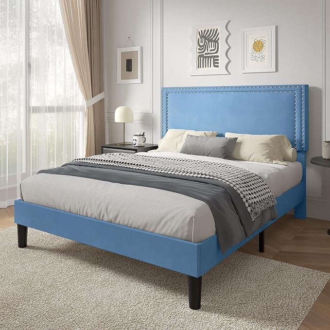 VECELO Full Size Platform Bed Frame with Height Adjustable Upholstered Headboard, Modern Mattress Foundation,Strong Wood Slat Support, No Box Spring Needed, Easy Assembly,Light Blue