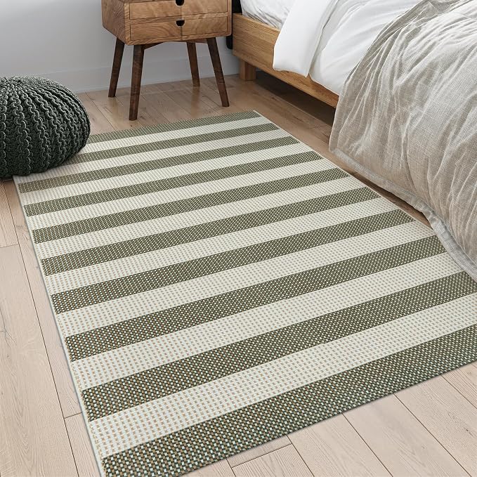 OJIA Striped Outdoor Area Rug 4'x6' Washable Patio Rugs Front Porch Rug | Cotton Woven Outdoor Rug Decor Living Room Rug Farmhouse Indoor Outdoor Rugs Large Floor Carpet for Backyard/Bedroom/Entryway