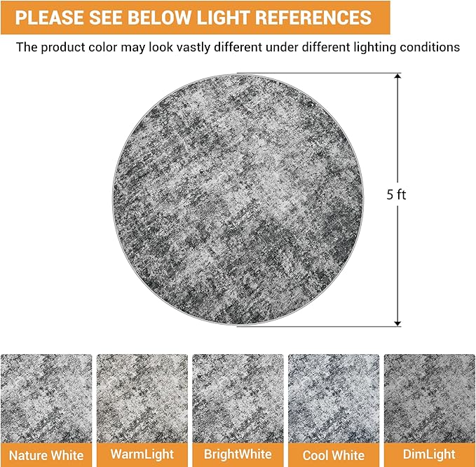 Round Rug 5ft Circle Rug Washable: Carpet Small Circular Area Rug for Entryway Kitchen Bedroom Dining Room Living Room 5 Feet Abstract College Dorm Non Slip Low Pile Black Grey