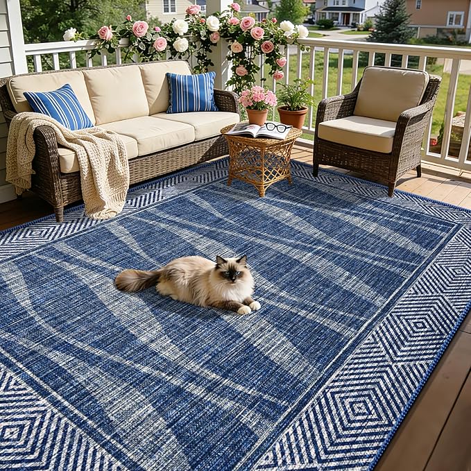 Jute Rug 8x10 Outdoor Patio Rug with Border, Washable Rugs Farmhouse Non Slip Living Room Rugs with Rubber Backing Indoor Outdoor, Non Shedding Carpet for Bedroom, Courtyard, Blue