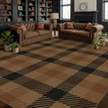 JTJ Brown Large Checkered Area Rug for Living Room - Washable 8x10 Easy Jute Plaid Rug for Dining Room Under Table, Black Striped Outdoor Porch Mat, Non Slip Foldable Neutral Earthy Rustic Décor