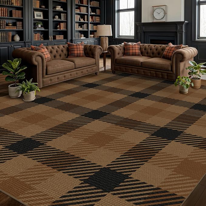 JTJ Brown Large Checkered Area Rug for Living Room - Washable 8x10 Easy Jute Plaid Rug for Dining Room Under Table, Black Striped Outdoor Porch Mat, Non Slip Foldable Neutral Earthy Rustic Décor