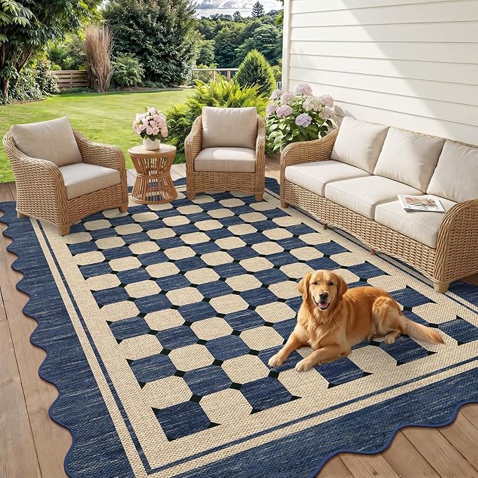 Garvee Easy Jute 9x12 Large Area Rug for Living Room Scalloped Checkered Navy Indoor Outdoor Rugs Non Slip Low Pile Patio Outdoor Rugs Washable Carpet for Porch Bedroom Living Room Backyard, 9'x12'