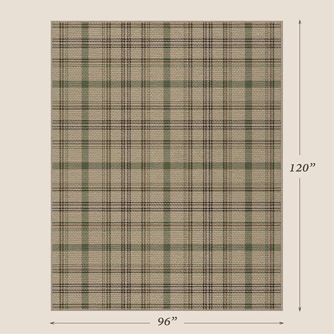 JTJ Easy Jute Plaid Outdoor Rug 8x10, Washable Indoor Outdoor Area Rug for Patio, Porch, Deck, Dining Room, Non Slip Farmhouse Tartan Rug in Sage Green and Beige