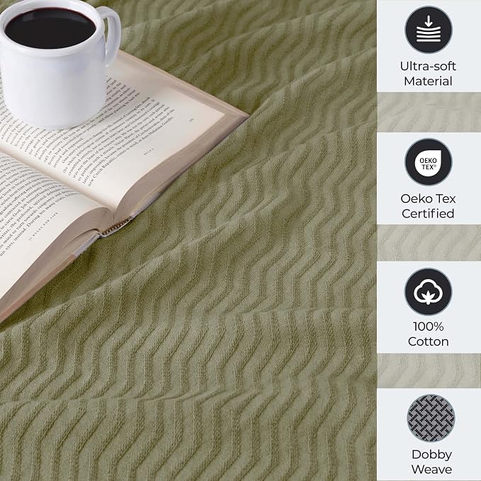 Superior JENA Cotton Blanket, for Picnic, Beach, Traveling or Camping, Bedroom Decor, Essentials, Cover for Bed, Couch, Lounging, Textured Jacquard, Modern Chevron Woven Blanket, Full/Queen, Sage