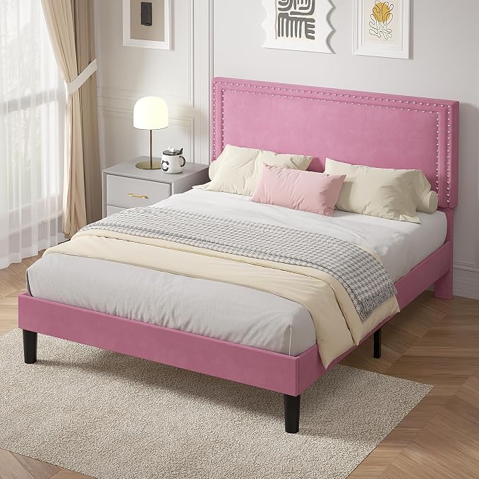 VECELO Queen Size Upholstered Bed Frame with 4 Storage Drawers, Adjustable Velvet Rivet Decor Headboard, Wooden Slats Platform Support, No Box Spring Needed, Easy Assembly,Pink