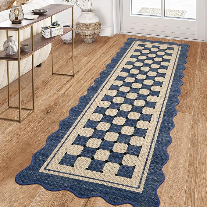 Garvee Scalloped Washable 2x6 Kitchen Runner Rug, Easy Jute Checkered Navy Rugs for Entryway Hallway, Indoor Outdoor Non Slip Rug Farmhouse Modern Carpet Door Mat for Porch Bedroom Laundry Room 2'x6'