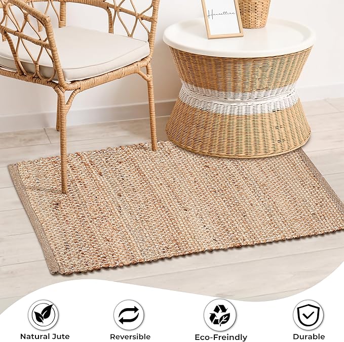 Hausattire Jute Woven Rug 2'x3' - Natural, Hand Braided Boho Entry Area Rugs for Kitchen, Living Room | Small Farmhouse Indoor Outdoor Decorative Mat for Patio, Entryway Front Door Mats - 24x36 Inches