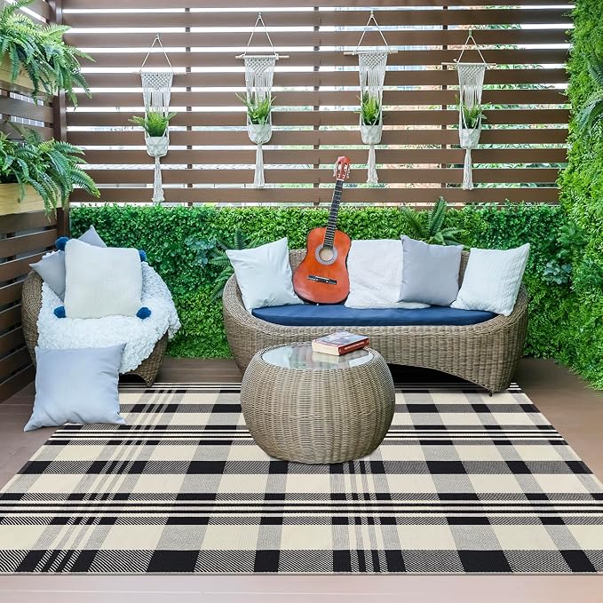Buffalo Plaid Outdoor Rug 4x6 Cotton Woven Rug Black and Off White Checkered Rug Front Porch Decor Washable Indoor Outdoor Area Rug for Living Room Bedroom Dining Room Patio Farmhouse Carpet