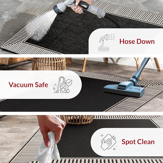 Nuloom Asha Black/Ivory, 4' x 6', Casual, Striped Border, Soft and Cozy, High Traffic, Stain Resistant, Easy Clean, Durable Area Rug for Indoor/Outdoor Patio, Deck, Porch, Garden, Courtyard