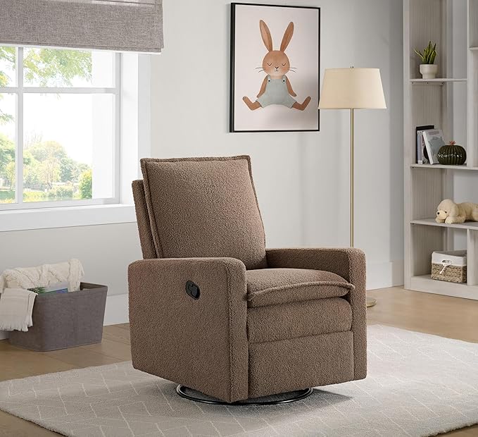 Oxford Baby Uptown Upholstered Glider Recliner Rocking Chair 360° Swivel for Nursery and Living Room - Teddy Brown, Green Guard Gold Certified