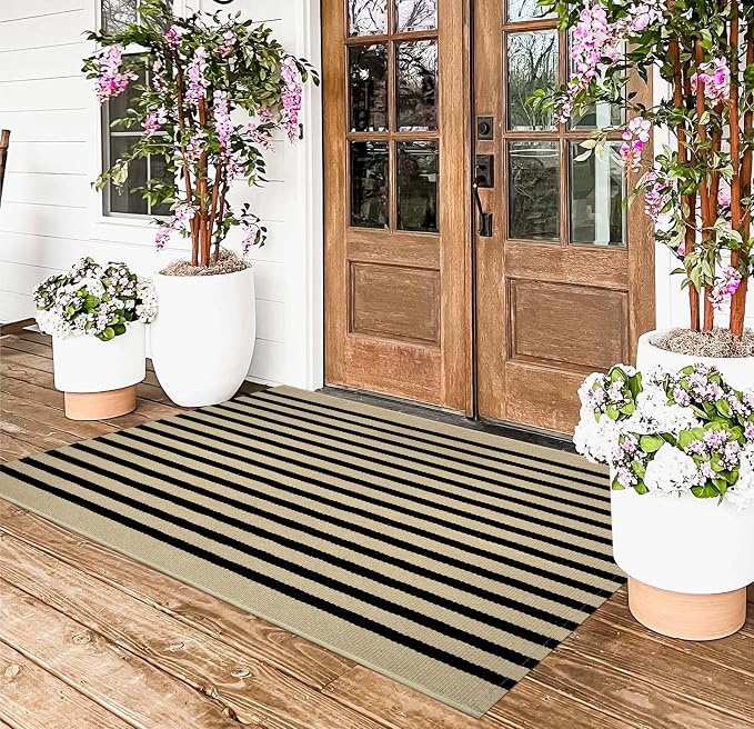 Tan and Black Outdoor Rugs 3'x5',Machine Washable Porch Rugs Cotton Woven Indoor Outdoor Layered Door Mats Small Area Rug for Home Entrace Decor/Bedroom/Entryway