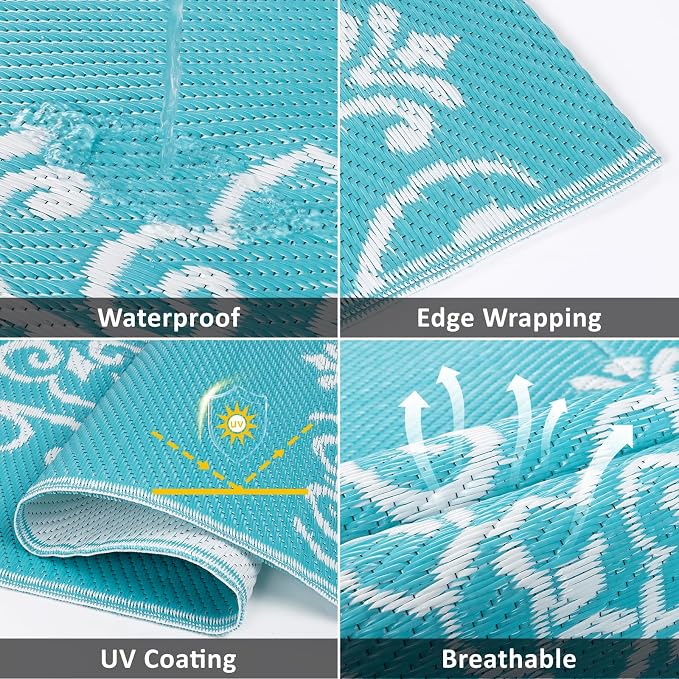 Pauwer Outdoor Rug 5x8, Waterproof Plastic Straw Camping Rug, Floral Teal | Reversible Patio Rug, UV Resistant Indoor Outdoor RV Mat Carpet For Deck, Camper, Porch, Balcony, Backyard, Picnic, Foldable