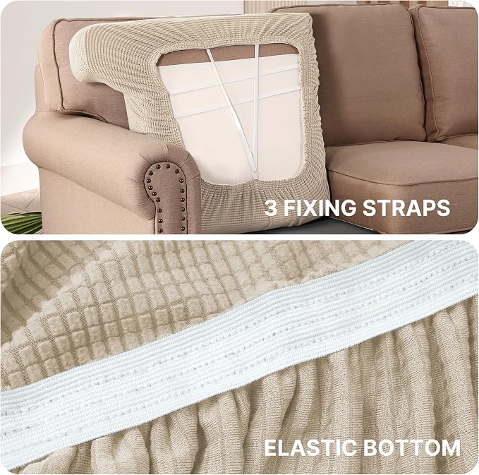 H.VERSAILTEX Stretch 2 Piece T Cushion Sofa Slipcovers Individually Sofa Cushion Covers for 2 Cushion Couch Sofa Seat Cushion Covers with Elastic Bands Featuring Thicker Jacquard Fabric, Natural
