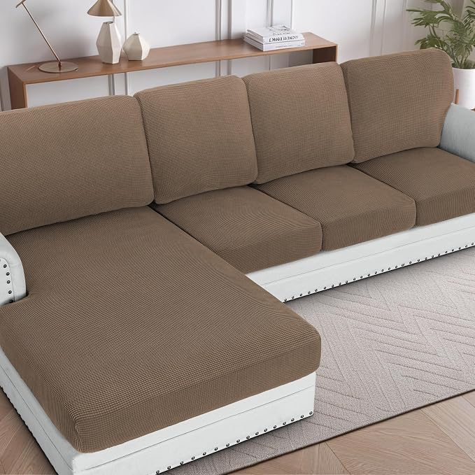 H.VERSAILTEX Sectional Couch Covers 4 Pieces Sofa Seat Cushion Covers L Shape Separate Cushion Couch Chaise Cover for Both Left/Right Sectional Couch (Seat Only: 1 Chaise + 3 Sofa, Macchiato)