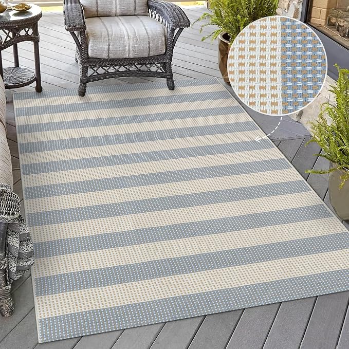 OJIA Washable Area Rug 4'x6', Striped Indoor Outdoor Rugs Patio Camping Rug | Cotton Woven Entryway Rugs Indoor Outdoor Patio Rugs Carpet Large Area Rugs for Bedroom/Porch/Deck/Backyard/Living Room Blue