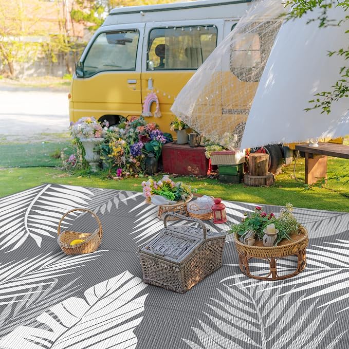 GENIMO Outdoor Rug, Waterproof Plastic Rugs 9'x18' for Camping Grey White | Outside Larger Leaf Carpet Mat for Patio Decor, RV, Porch, Camper, Deck, Picnic, Beach, Backyard, Reversible, Foldable