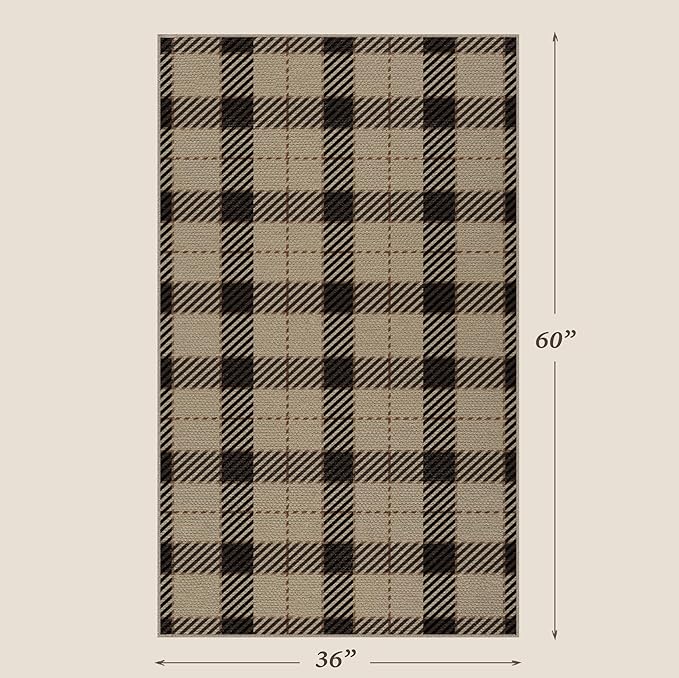 JTJ Outdoor Rug 3x5 for Front Porch, Washable Easy Jute Indoor Outdoor Rug, Non Slip Entryway Area Rug for Patio, Kitchen, Balcony, Farmhouse Black & Tan Plaid Rug