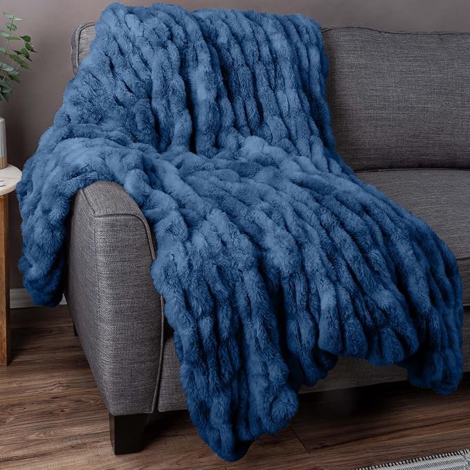 Lavish Home Oversized Ruched Faux Fur Blanket, Blue, 60” x 80” | Plush Polyester Faux Fur Queen-Size Throw for Sofas and Beds - Luxurious Bedding