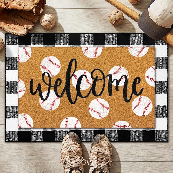 Tinideya 2 Pcs Door Mat Welcome Non Slip Coir Mats Floor Layering Doormats Seasonal for Front Porch Entryway Decor(Baseball)