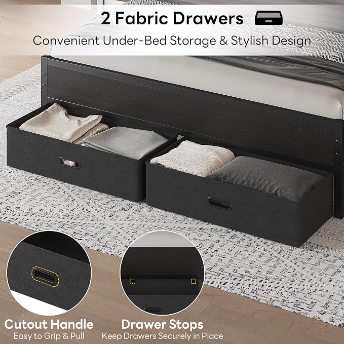 LIKIMIO Queen Size Bed Frame with 2 Storage Drawers, Upholstered Headboard | Queen Platform Bed Frame with Charging Station & LED Lights, Modern Style, Noise Free, No Box Spring Needed, Black and Grey
