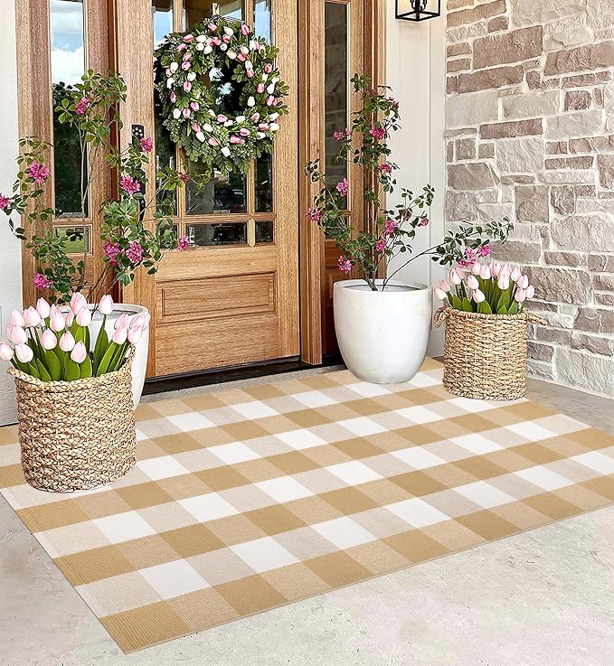 3' x 5' Outdoor Rug, Checkered Washable Rug Khaki and White Front Porch Rug Washable Front Door Mat Outdoor for Hello Welcome Mat, Bedroom, Entryway, Patio