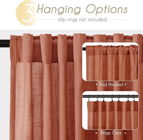132 inch Linen Terracotta Curtains 2 Panels for Living Room Back Tab Light Filtering Semi Sheer Rust Colored Curtains 132 inches Long Soft Thick Cotton Cloth Textured Rustic Boho Farmhouse Room Decor