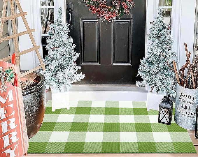 Buffalo Plaid Door Mats Outdoor 24''X35'' Green and White Checked Outdoor Rug Cotton Woven Washable Layering Door Mat for Welcome Mat Entryway Bedroom Living Room
