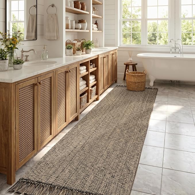 Collive Rug Runners for Hallways, Boho Washable Kitchen Runner Rugs 2.6' x 10' Farmhouse Indoor Entry Hall Carpet, Natural/Black Modern Hand Woven Bathroom Runner Carpet for Entrance Porch Decor