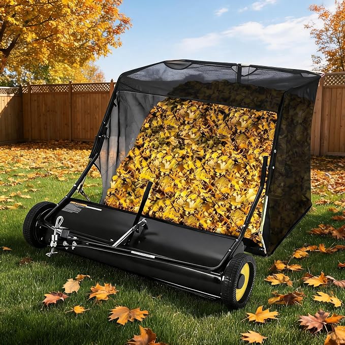 44" Large Capacity Pull Behind Lawn Sweeper with Adjustable Sweeping Height - Leaf & Grass Collector with Dumping Rope Design for Picking Up Grass and Debris