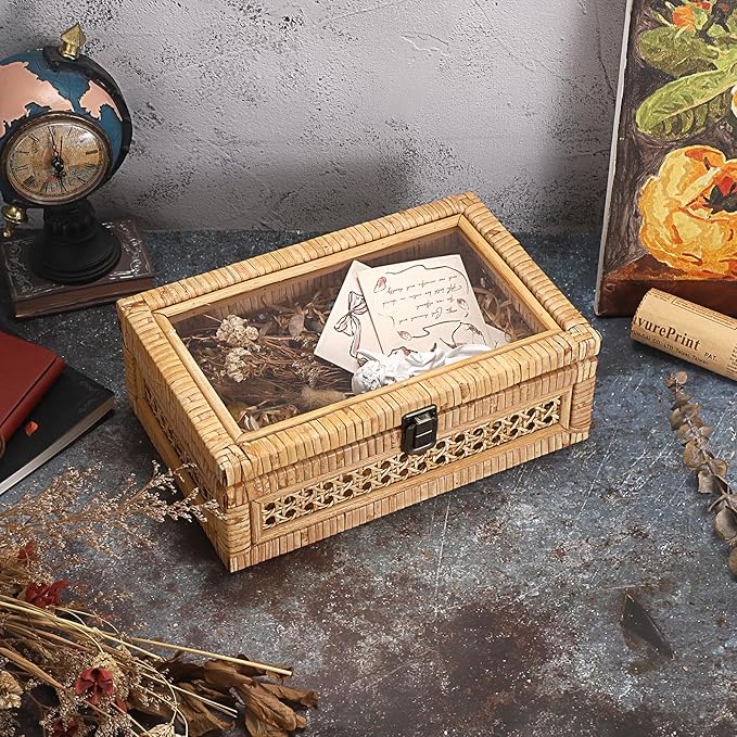 Hipiwe Rattan Display Box with Clear Lid Rectangular Wicker Storage Basket | Handwoven Natural Rattan Decorative Box with Metal Secure Latch, Small Shelf Organizer Basket Bin for Snacks Remotes