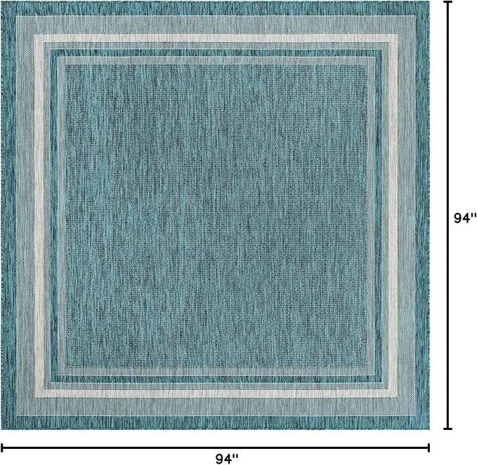 Unique Loom Outdoor Border Collection Area Rug - Soft Border (7' 10" Square, Teal/ Ivory)