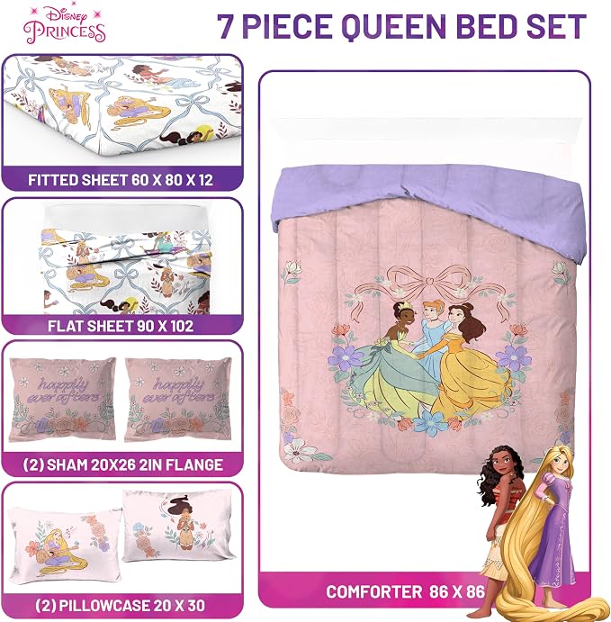 Disney Princess Queen Comforter Set 7 Piece Kids Bedding for Girls, Pink | Cinderella Rapunzel Belle, Bed in a Bag, Comforter Sheets Shams Pillowcases, Soft Microfiber, Machine Washable, Girls Gift