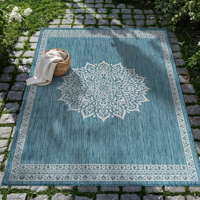 CAMILSON Outdoor Rug 10x14 Medallion Aqua Modern Large Area Rugs for Indoor and Outdoor Patios Kitchen and Hallway Mats Washable Porch Deck Outside Carpet (Medallion Aqua 10 x 14)
