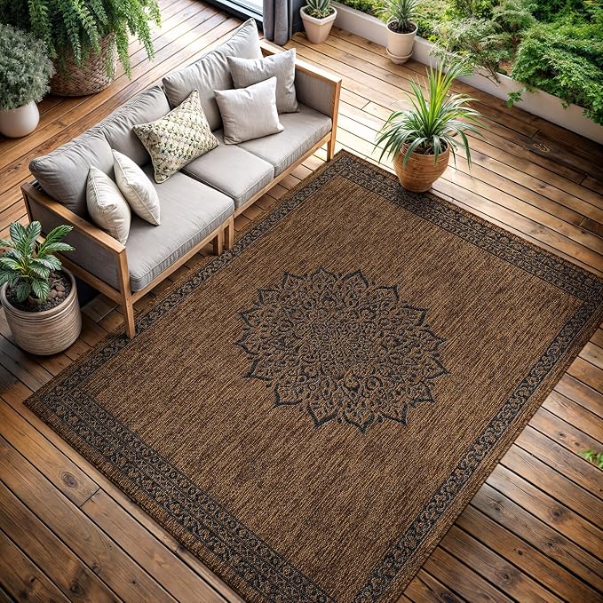 CAMILSON Outdoor Rug 8x10 Medallion Gold Modern Area Rugs for Indoor and Outdoor Patios Kitchen and Hallway Mats Washable Porch Deck Outside Carpet (Medallion Gold 8 x 10)