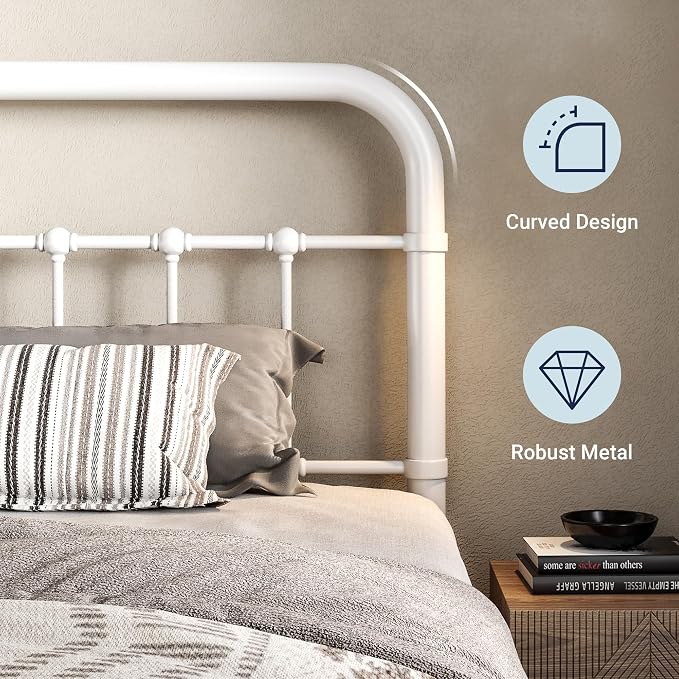 Allewie Twin Metal Bed Frame with Victorian Iron-Art Headboard, White | Victorian Style Wrought Iron-Art Headboard/Footboard, Easy Assembly, Under Bed Storage, No Box Spring Required