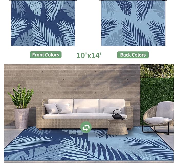 GENIMO Outdoor Rug, Waterproof Plastic Rugs 10'x14' for Camping Blue | Outside Larger Leaf Carpet Mat for Porch Decor, Deck, Camping, RV, Backyard, Balcony, Picnic, Beach, Reversible, Foldable