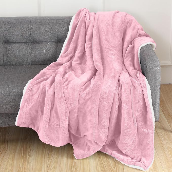 Elegant Comfort Luxury Ultra-Plush Velvet Touch Fleece Throw Soft, Warm, Cozy| Micromink Sherpa-Backing Reversible Blanket for Bed, Sofa and Couch, Solid Light Pink