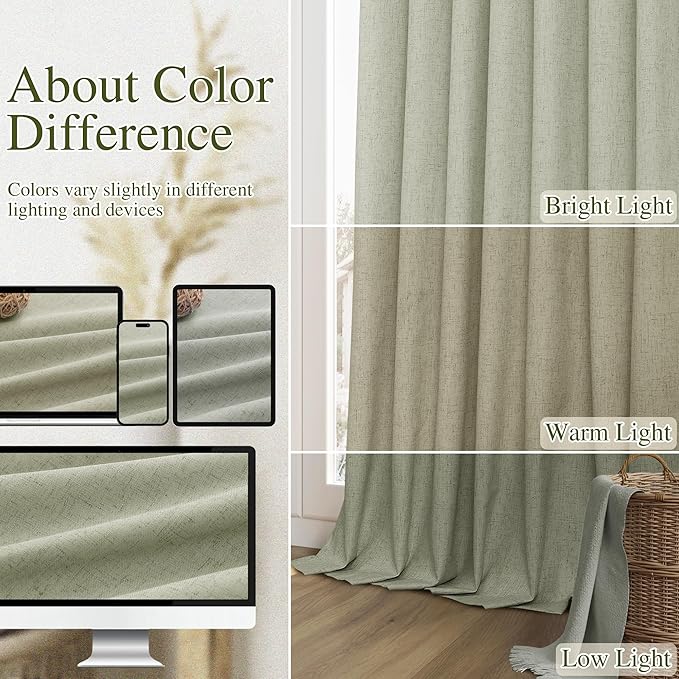 Sage Green 100% Blackout Curtains 63 Inch Length 2 Panels Set for Living Room Bedroom Back Tab Thermal Insulated Black Out Linen Drapes Room Darkening Window Curtains 63 Inches Long