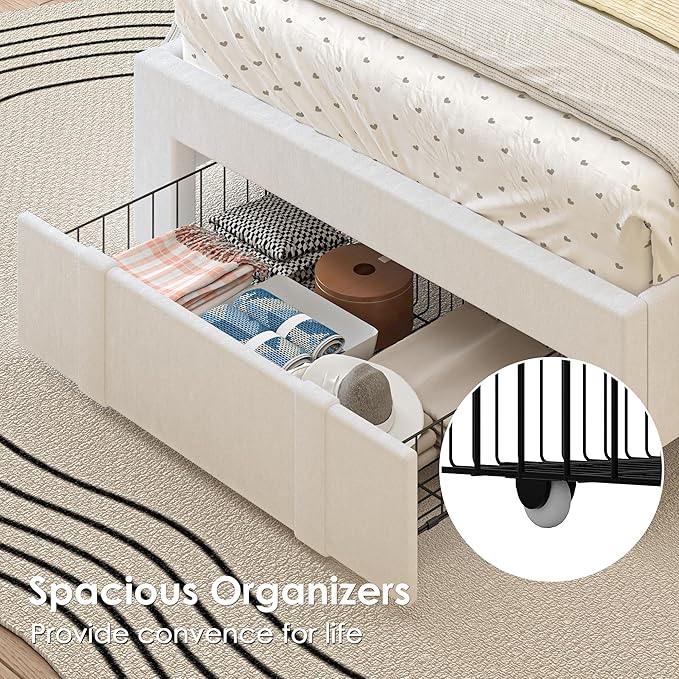 VECELO Twin Size Upholstered Bed Frame with Storage Drawer, Adjustable Velvet Rivet Decor Headboard, Wooden Slats Platform Support, No Box Spring Needed, Easy Assembly,White