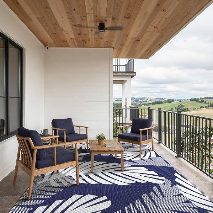 GENIMO Outdoor Rug, Waterproof Plastic Rugs for Patio, 9'x12' Blue White | Outside Larger Leaf Carpet Mat for Porch Decor, Deck, Balcony, Camping, RV, Backyard, Picnic, Beach, Reversible, Foldable