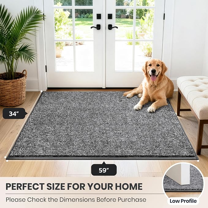 PURRUGS Dirt Trapping Door Mat 34" x 59", Non-Slip Machine Washable Entry Rug, Entrance Mat, Indoor Front Door Mat, Super Absorbent Entryway Rug for Muddy Shoes & Paws, Heathered Grey