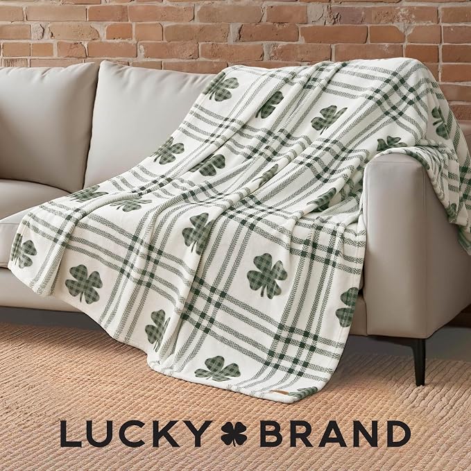 Lucky Brand 50" x 70" Plush Throw Blanket, Clover Gingham Plaid Sage Green Blanket for Sofa or Bed