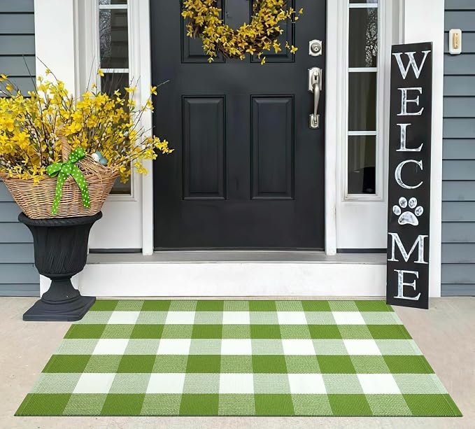 Buffalo Plaid Outdoor Rug 27.5''x 43.3''Green and White Checkered Rug Cotton Machine Washable Farmhouse Mat for Outdoor, Kitchen, Farmhouse, Entryway,Bathroom