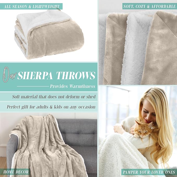 Elegant Comfort Throw Blanket, Reversible Sherpa Flannel, Ultra-Soft, Fuzzy, Cozy and Plush- All Season Lightweight Decorative Throw, 50 x 60 inches, Solid Sherpa Throw, Cream