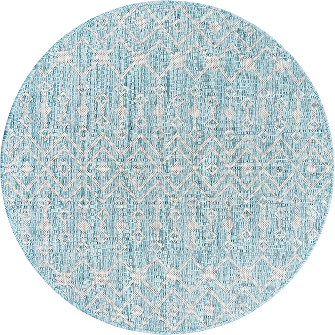Unique Loom Outdoor Trellis Collection Area Rug - Tribal Trellis (3' 3" Round, Aqua/ Ivory)