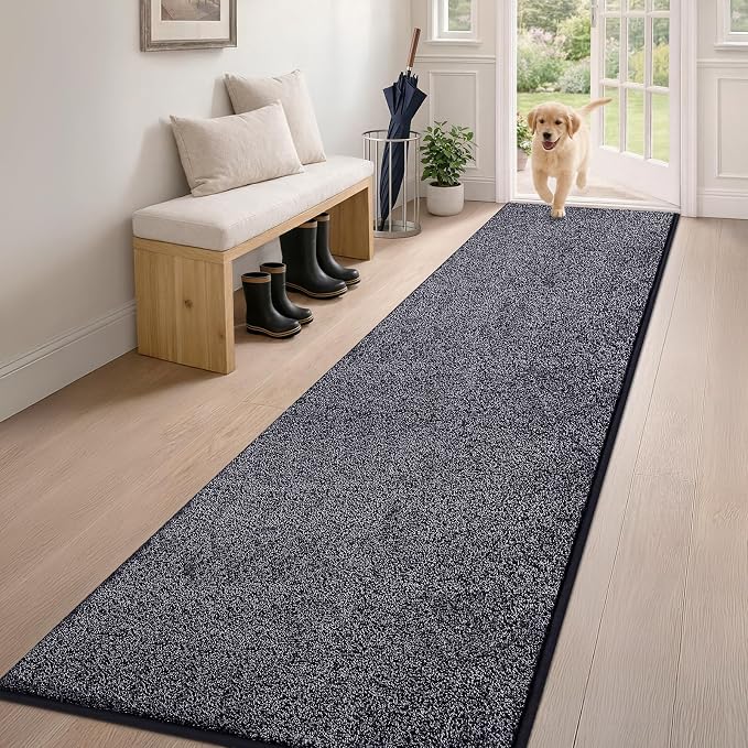 PURRUGS Dirt Trapping Door Mat 24" x 84", Non-Slip Machine Washable Entryway Rug, Dog Doormat, Indoor Front Door Mat, Super Absorbent Entry Rug for Muddy Shoes & Paws, Bluish Grey-Black