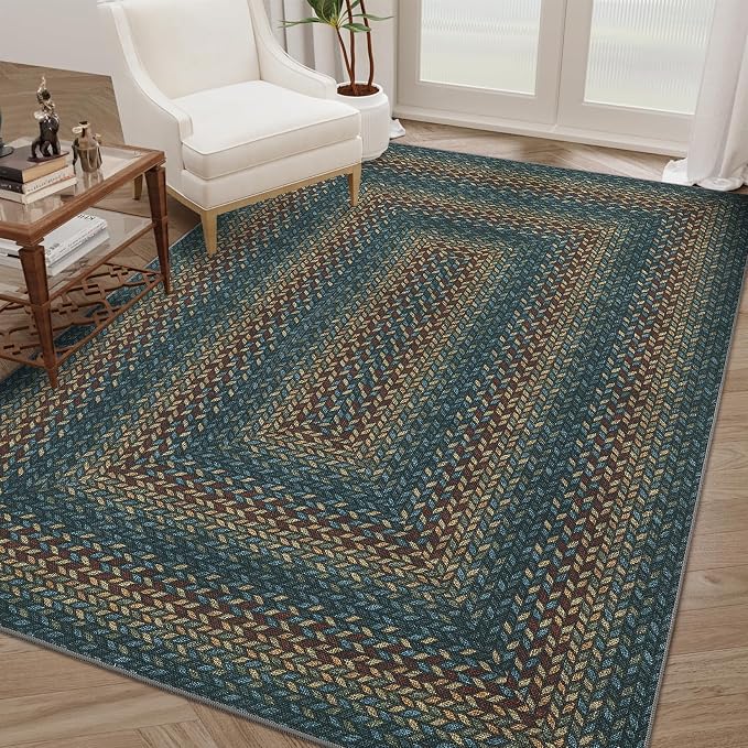 GarveeHome Easy Jute 3x5 Modern Braided Print Washable Rugs for Living Room | Indoor Non Slip Stain Resistant Small Area Rugs Living Room Bordered Throw Carpet Jute Rugs for Bedroom Kitchen, Navy