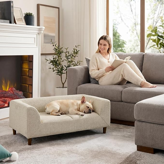 39.75 “x 22.5 “ Elevated Pet Sofa for Small Medium Dogs | Elevated Base | Breathable Linen Fabric | Armrest & Backrest | Plush Thick Cushion|Easy to Clean | Beige